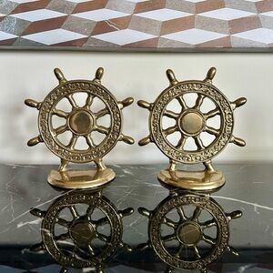 Vintage Brass Nautical Ship Wheel Bookend Set MCM Academia